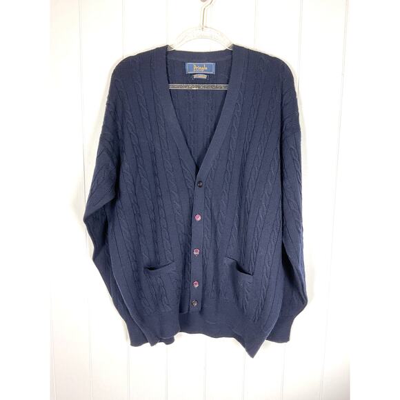 VGT Pringle of Scotland Men's 100% Wool Navy Cable Knit Cardigan Size XL - Picture 1 of 7